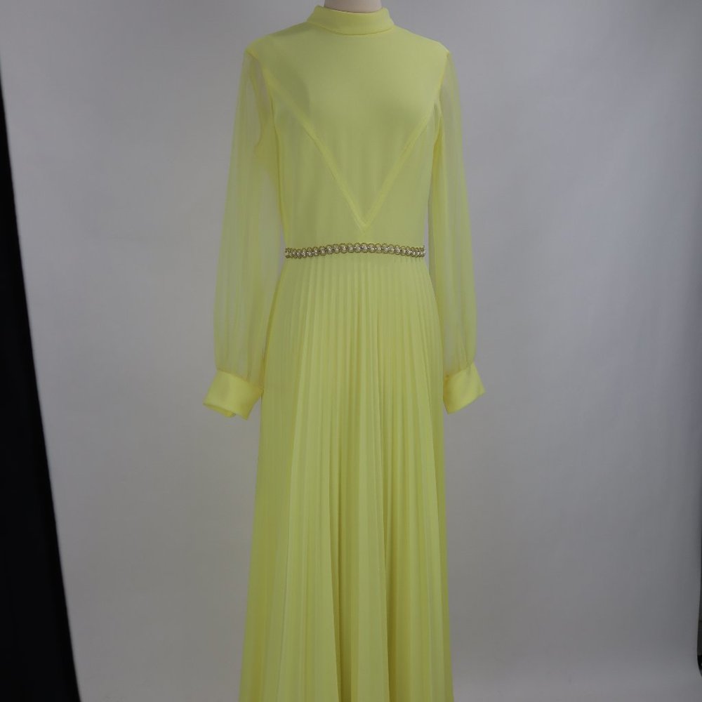 Vtg 1970's Yellow Formal Long Party Dress Gown Cocktail Hippie Prairie Boho S - Picture 2 of 12